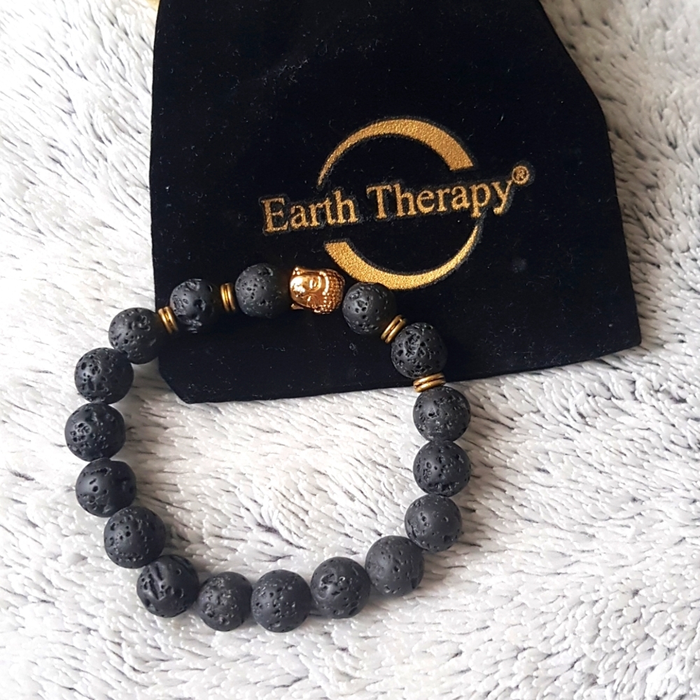 Earth therapy black volcano stone with gold buddah head